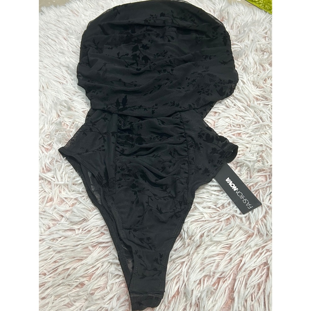 Strapless Bodysuit Women M Black Safira Velvet Burnout Mesh Wired Neckline Goth